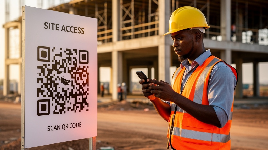 Ouvrier burkinabè scannant un QR Code sur un chantier