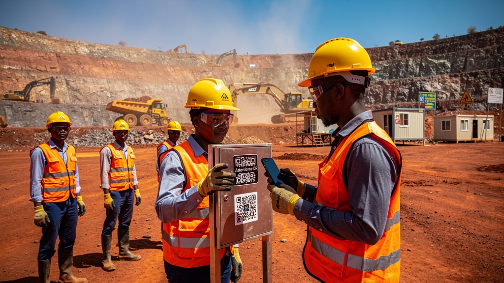 Ouvriers miniers burkinabè scannant un QR Code sur un site minier